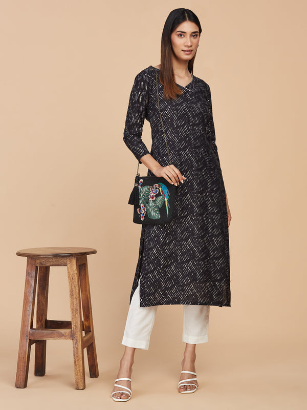 Chanderi Silk Black Printed Kurta