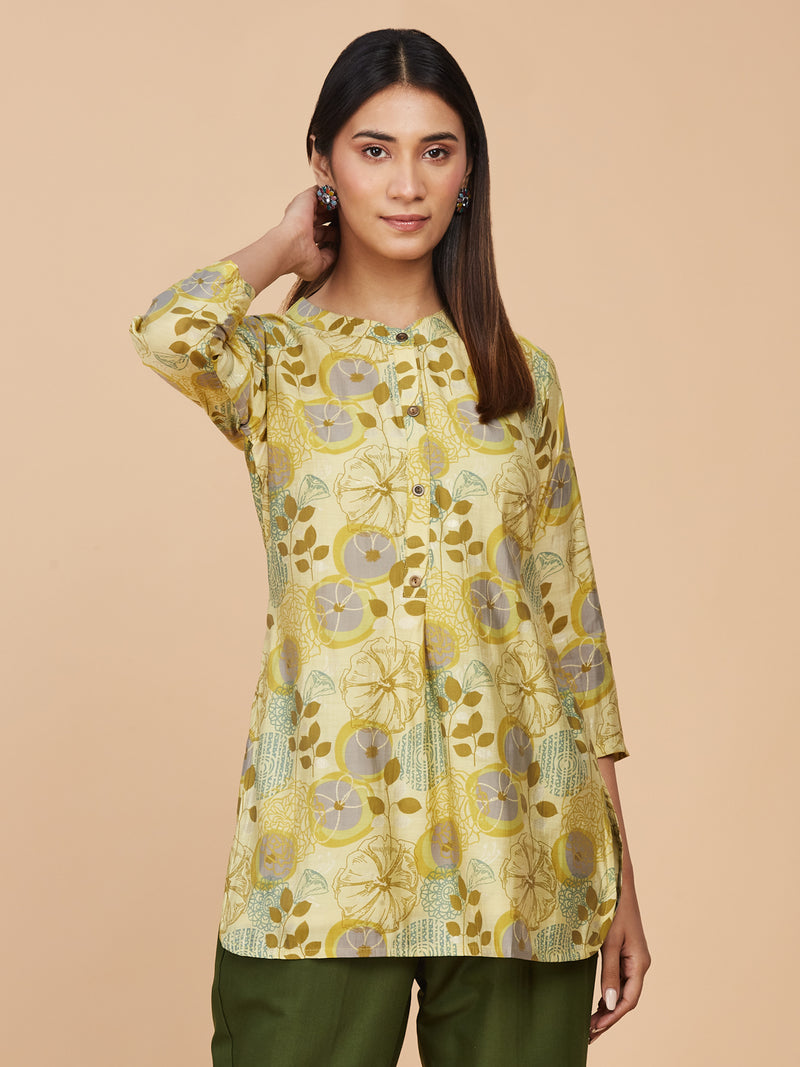 Green Printed Pure Chanderi Silk Short Top