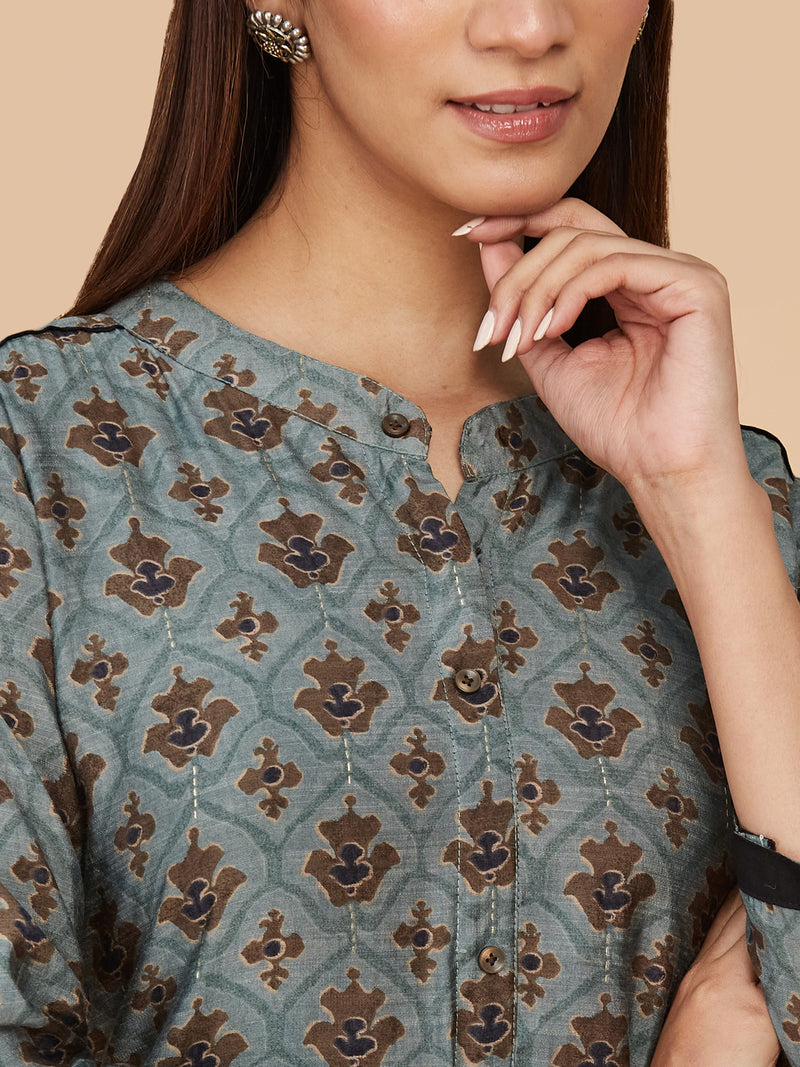 Cottage Green Printed Modal Silk Short Top