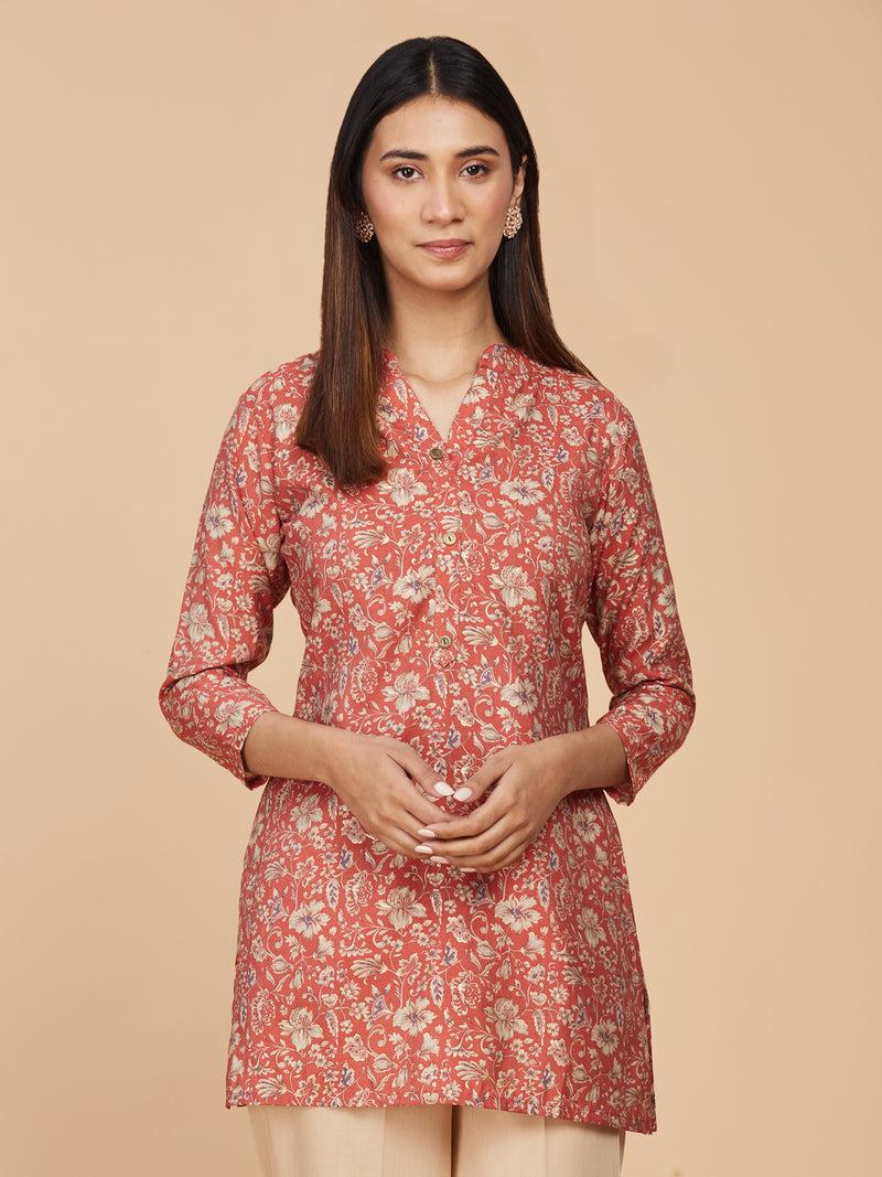 Chanderi Silk Floral Red Short Top