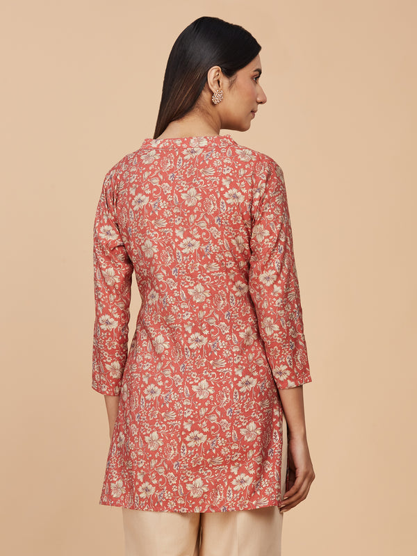 Chanderi Silk Floral Red Short Top