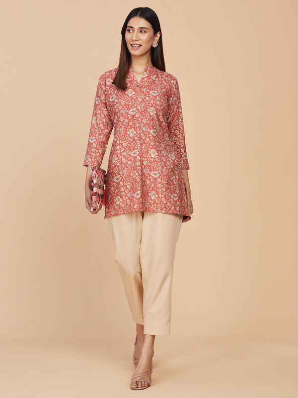 Chanderi Silk Floral Red Short Top