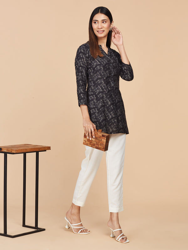 Chanderi Silk Black Printed Short Top