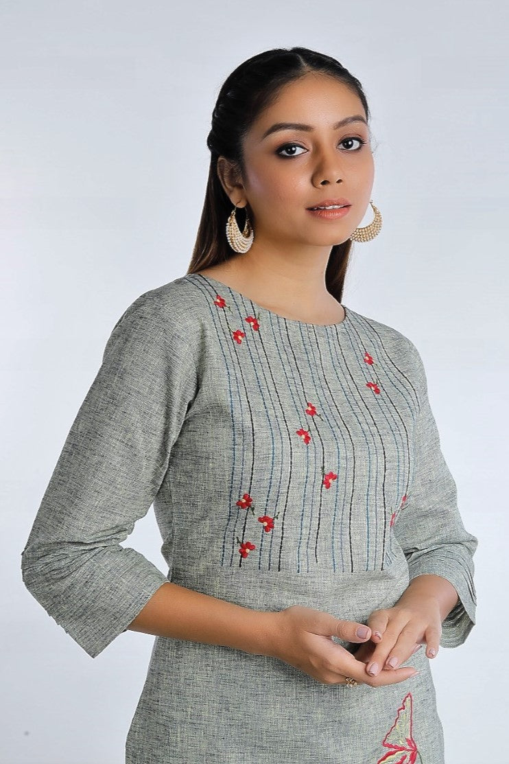 Green Embroidered Straight Cotton Kurta
