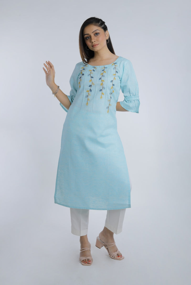 Sky Blue Embroidered Straight Cotton Kurta