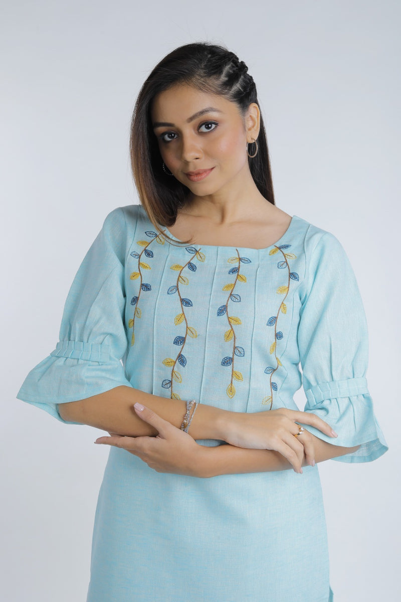 Sky Blue Embroidered Straight Cotton Kurta