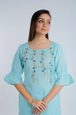 Sky Blue Embroidered Straight Cotton Kurta