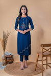 Blue Multi Colour Embroidery Straight Cotton Kurta