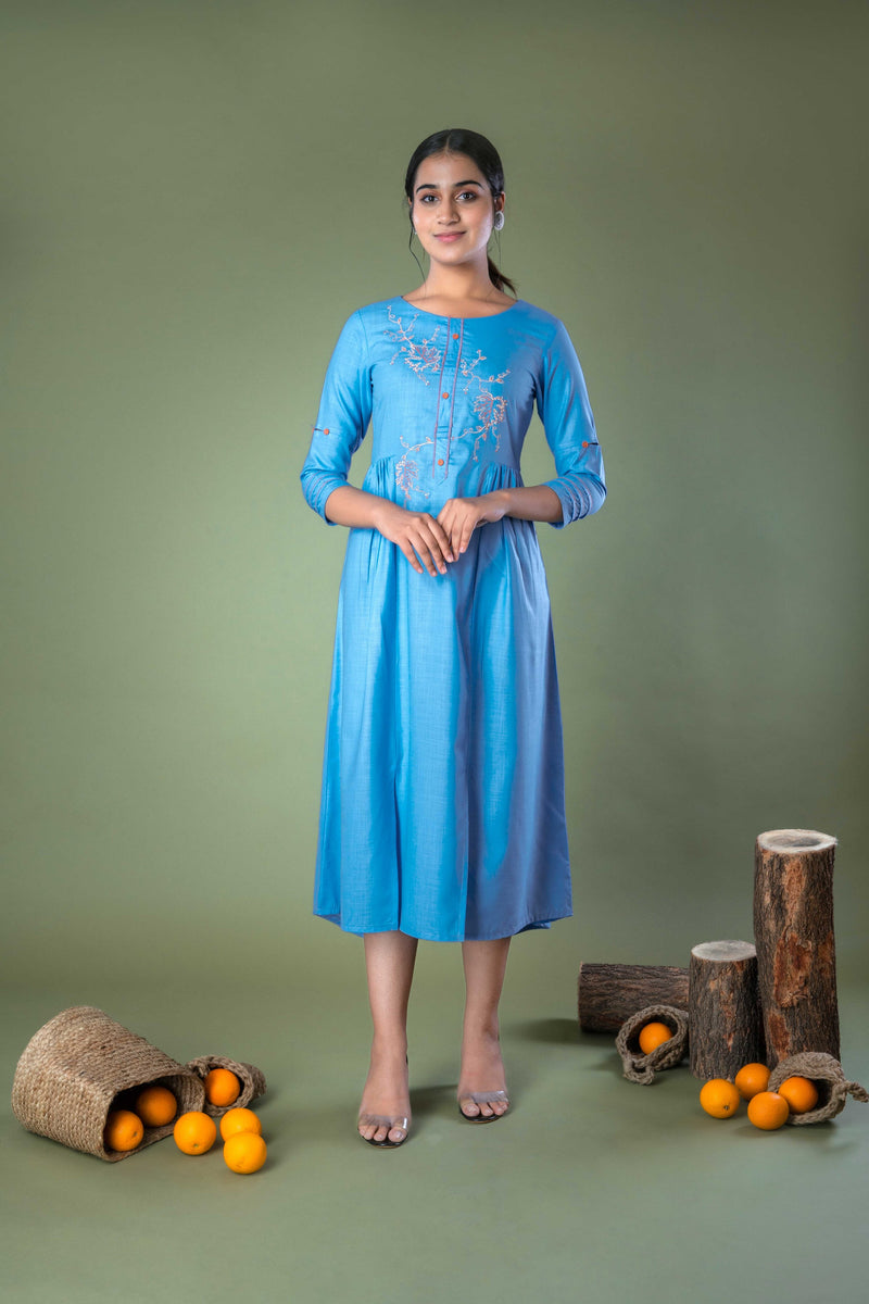 Blue Solid Hand Embroidered Gathered Long Midi Dress