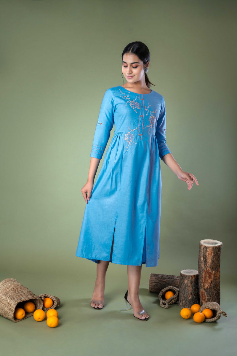 Blue Solid Hand Embroidered Gathered Long Midi Dress