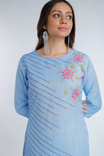 Blue Embroidered Straight Cotton Kurta