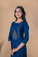 Blue Multi Colour Embroidery Straight Cotton Kurta