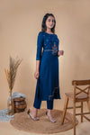 Blue Multi Colour Embroidery Straight Cotton Kurta