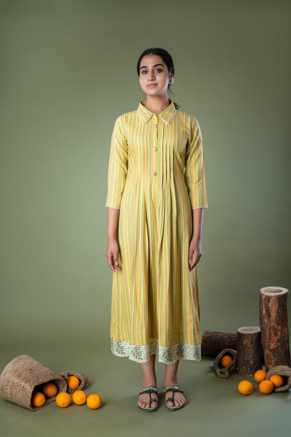 Cotton Hand Block Printed Green Midi Dress