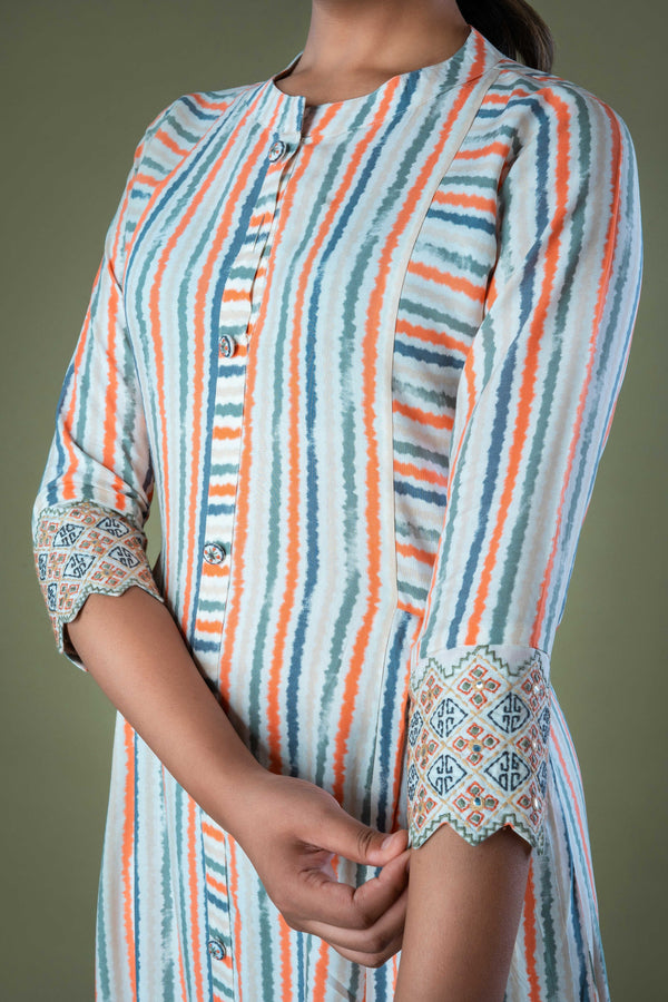 White Multi Color Stripes Long Cotton Midi Dress