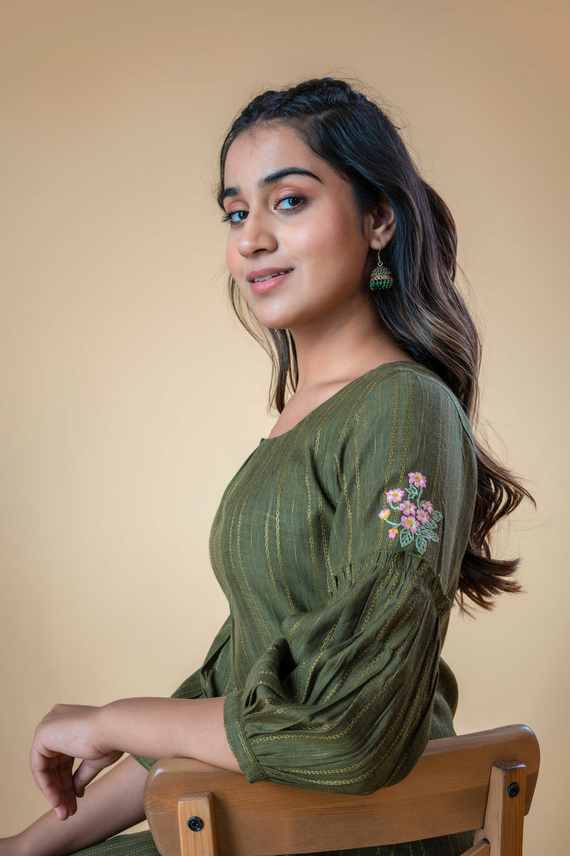 Green Floral Butti Embroidered Cotton Short Top