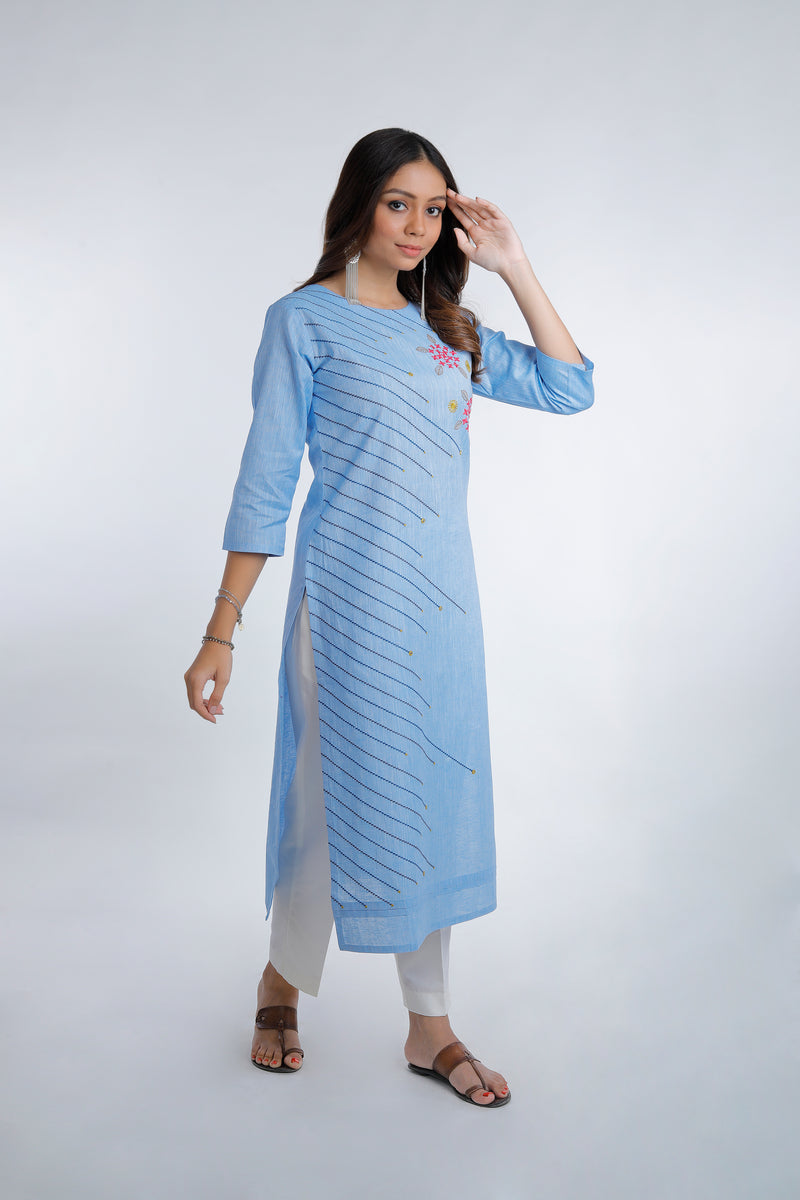Blue Embroidered Straight Cotton Kurta