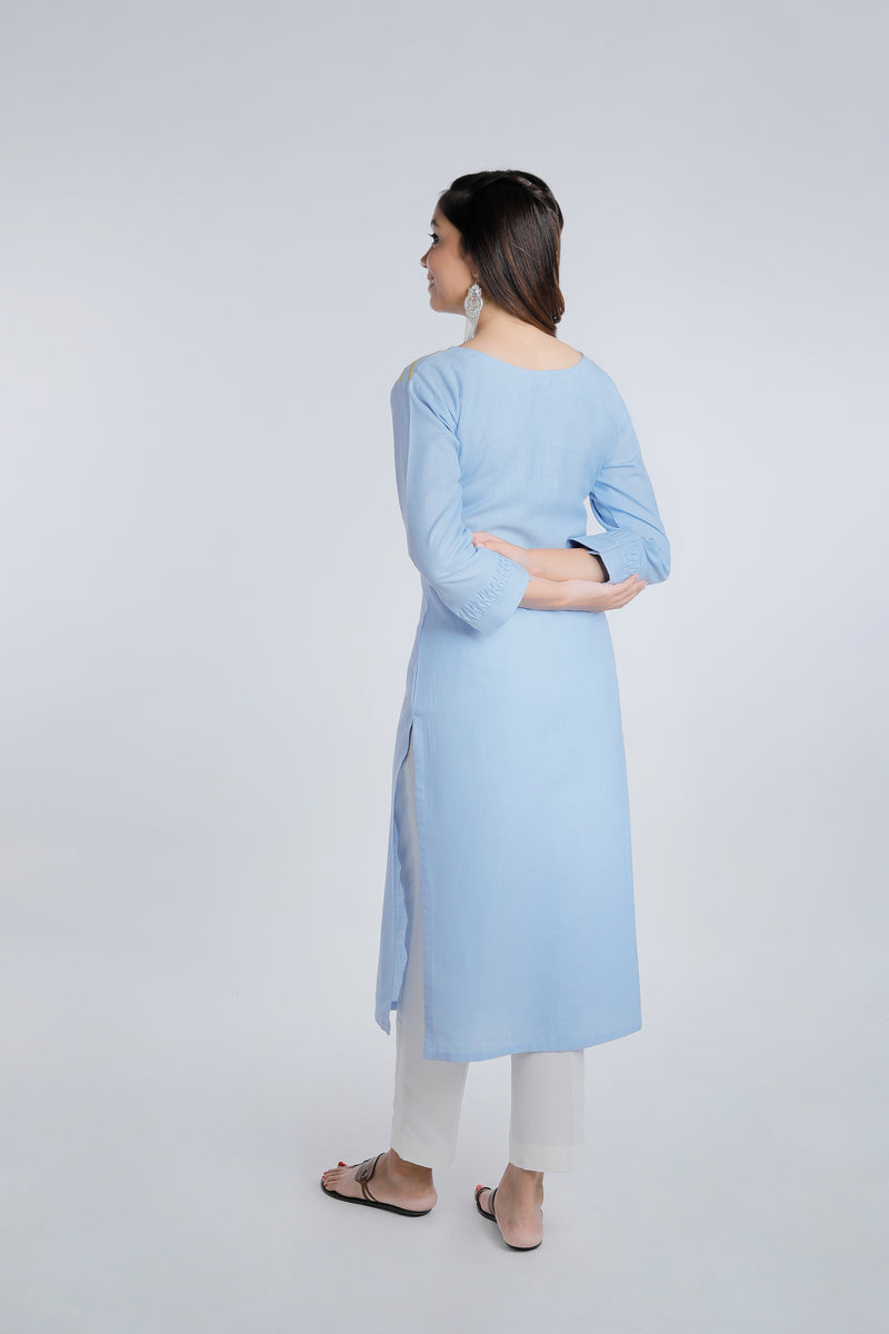 Blue Embroidered Straight Cotton Kurta