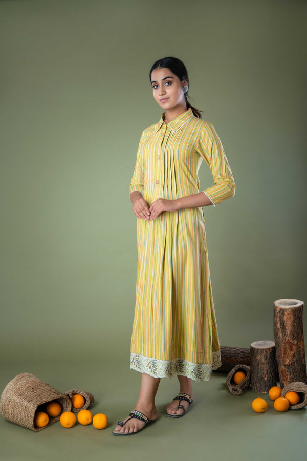 Cotton Hand Block Printed Green Midi Dress