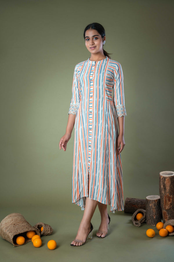 White Multi Color Stripes Long Cotton Midi Dress
