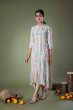 White Multi Color Stripes Long Cotton Midi Dress