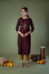 Raisin Multi Thread Embroidery Straight Cotton Kurta