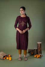 Raisin Multi Thread Embroidery Straight Cotton Kurta