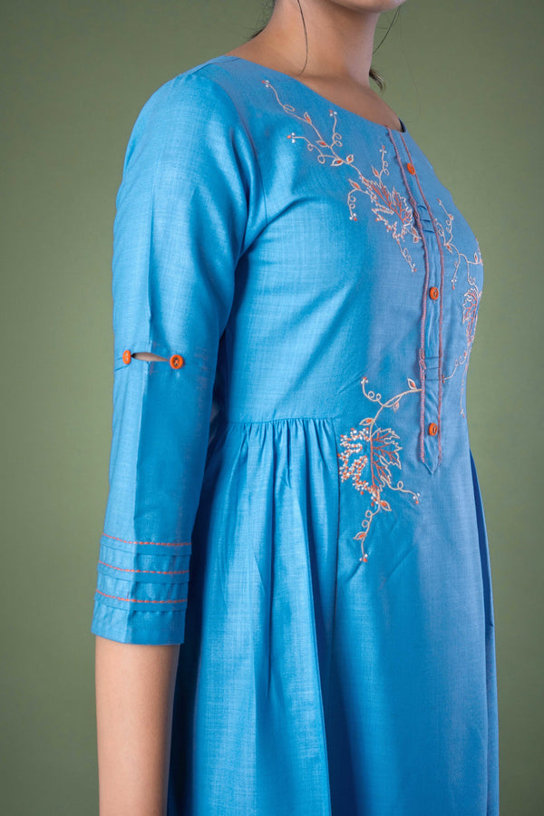 Blue Solid Hand Embroidered Gathered Long Midi Dress