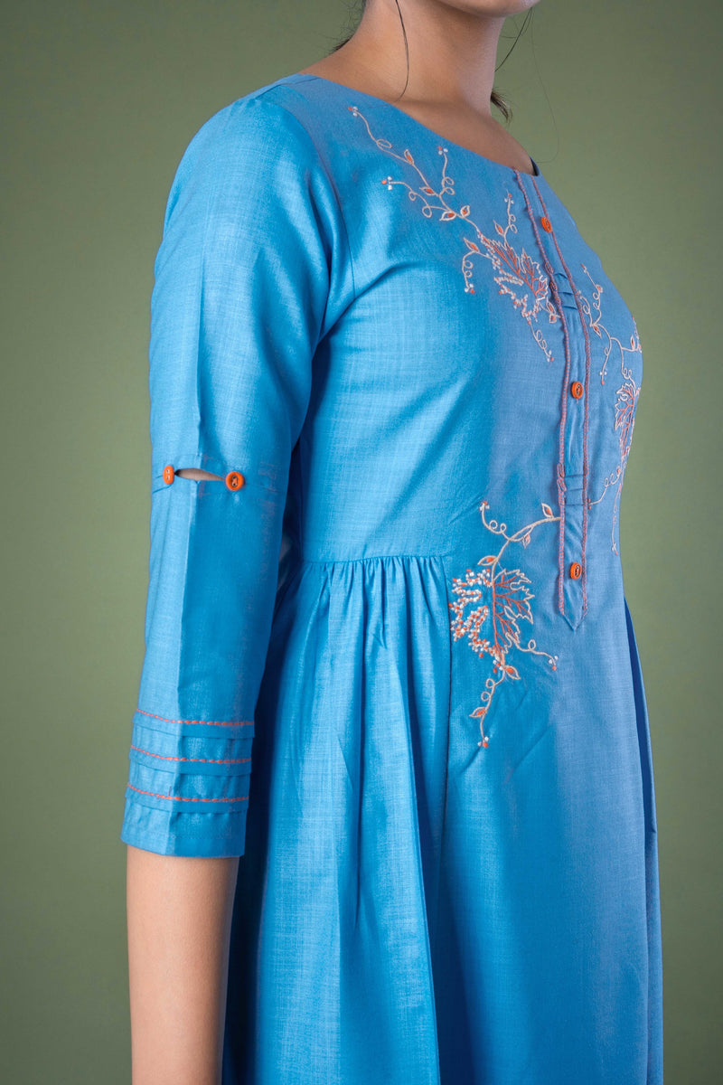 Blue Solid Hand Embroidered Gathered Long Midi Dress