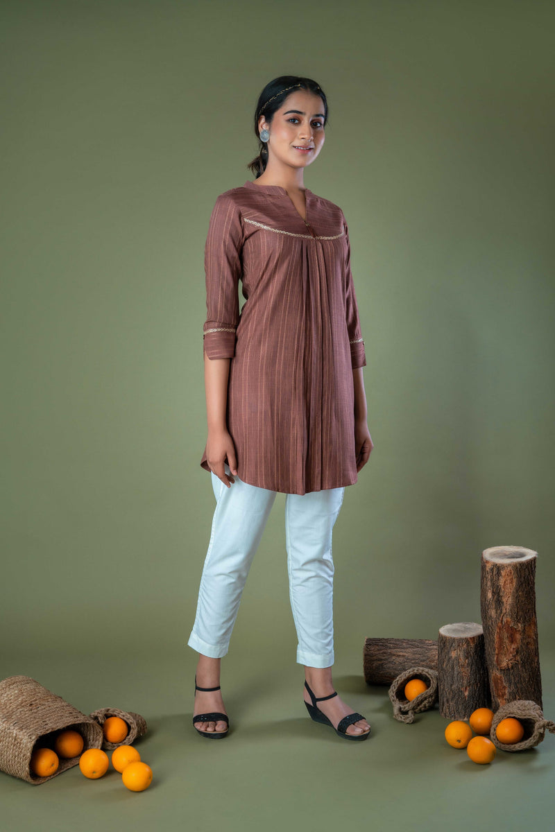 Brown Cotton Top with Zari Embroidery