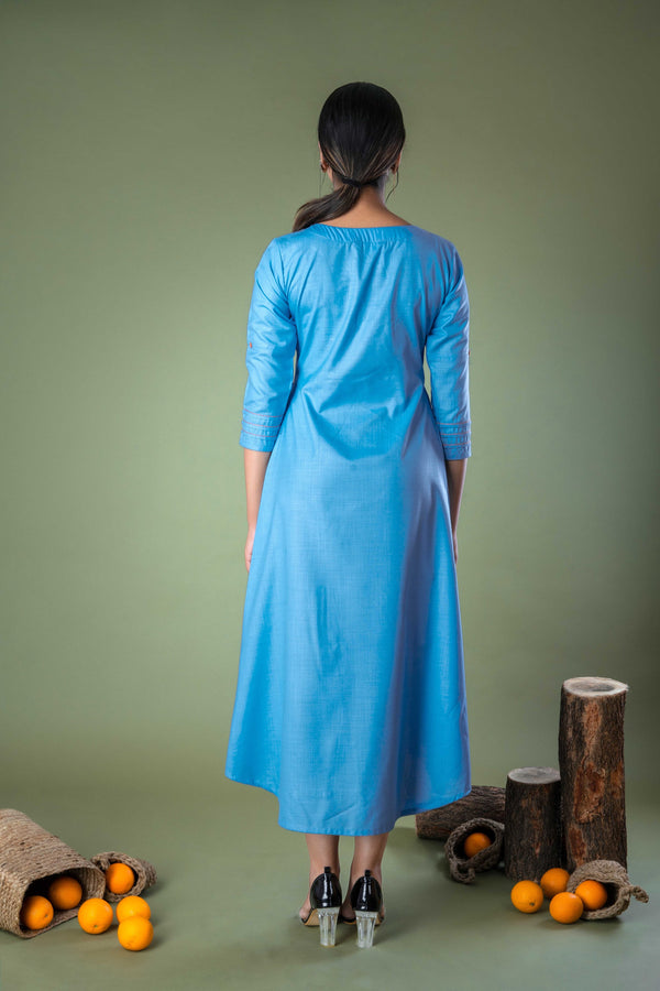 Blue Solid Hand Embroidered Gathered Long Midi Dress