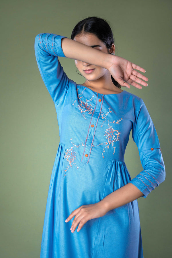 Blue Solid Hand Embroidered Gathered Long Midi Dress